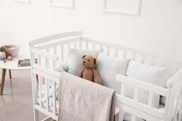 Teddy bear sitting in a white crib